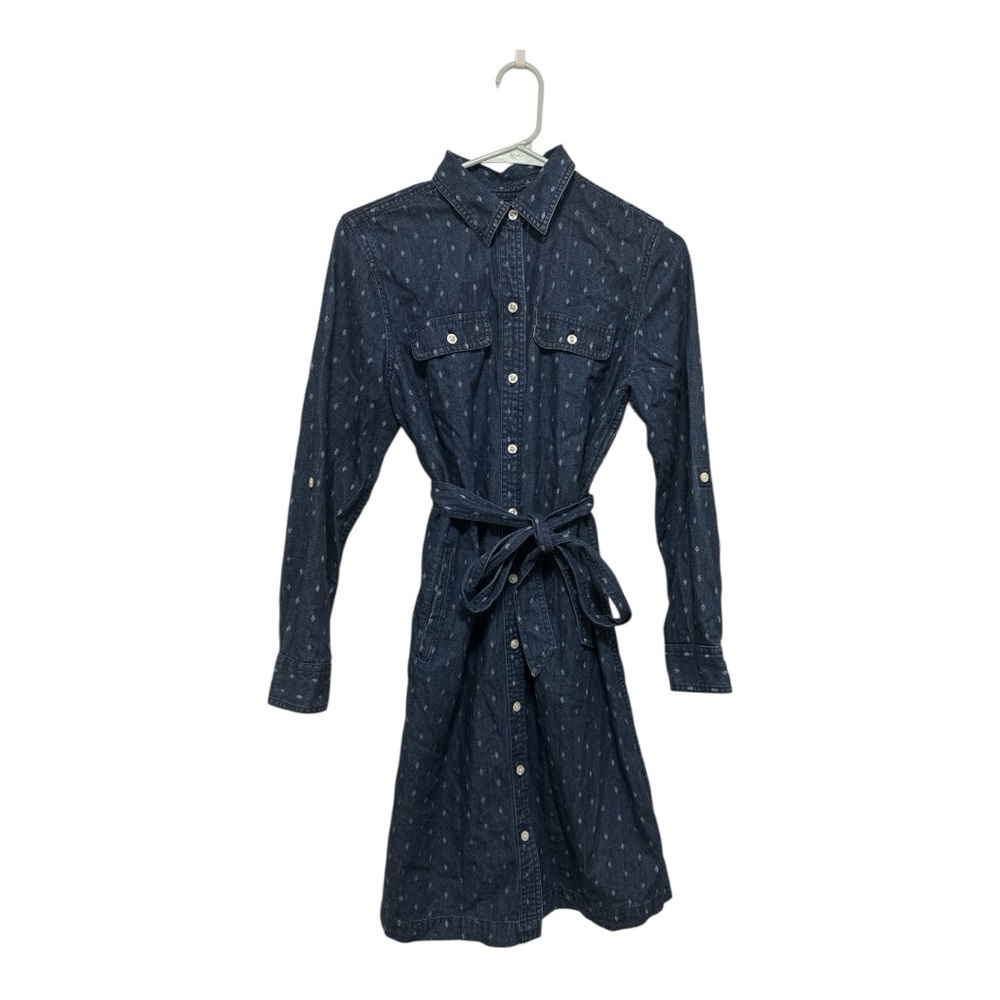 Talbots Denim Navy Dress with Tie Waist  w/ Subtle Native Print Size 8p cotton